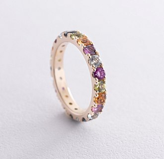 Золотое кольцо с дорожкой разноцветных камней к07617