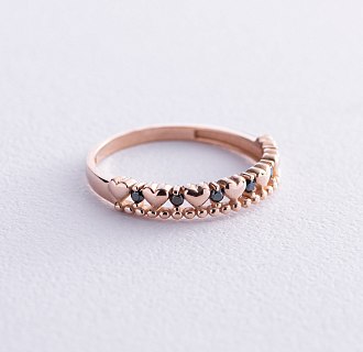 Золотое кольцо "Сердечки" с черными фианитами к07046
