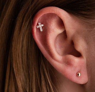 Одиночная золотая серьга для хеликса "Крестик" (фианиты) з40102ч