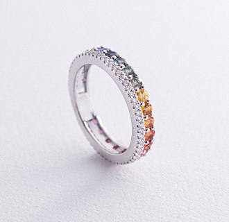 Золотое кольцо с разноцветными сапфирами и бриллиантами кб0479nl