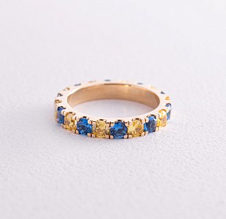 Кольцо с дорожкой голубых и желтых камней (желтое золото) к07106 №8