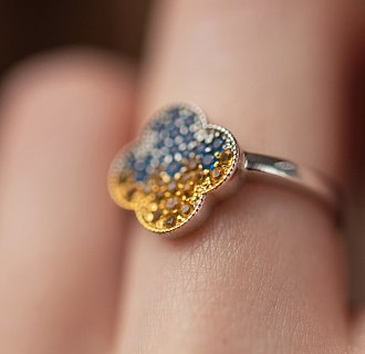 Серебряное кольцо "Клевер" (голубые и желтые камни) 5442 №4