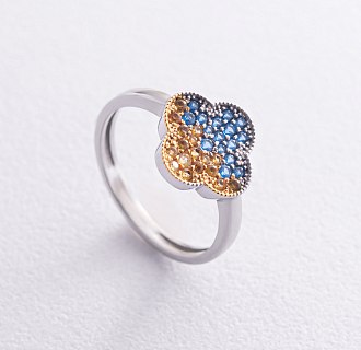 Серебряное кольцо "Клевер" (голубые и желтые камни) 5442