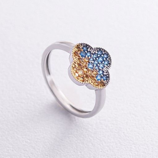 Серебряное кольцо "Клевер" (голубые и желтые камни) 5442