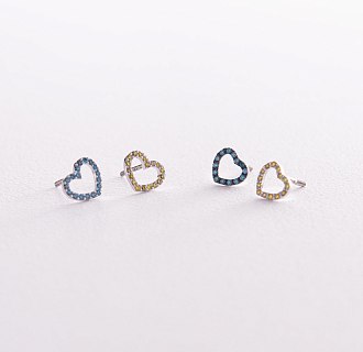 Золотые серьги - пусеты "Сердечки" с голубыми и желтыми бриллиантами 327471121 №2