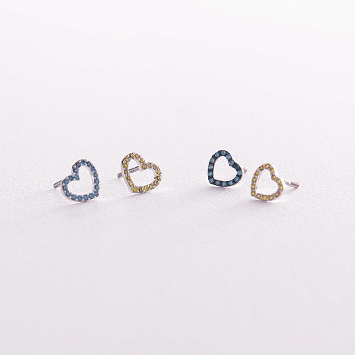 Золотые серьги - пусеты "Сердечки" с голубыми и желтыми бриллиантами 327471121 3