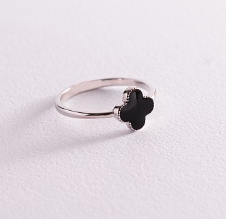 Серебряное кольцо "Клевер" (черная эмаль) 112623