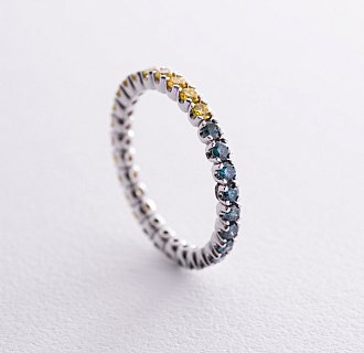 Золота каблучка з доріжкою каменів (сині та жовті діаманти) к0507di
