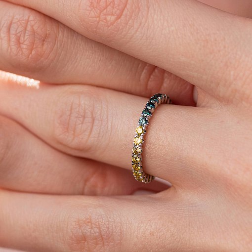 Золотое кольцо с дорожкой камней (синие и желтые бриллианты) кб0507di 8