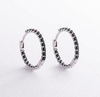Серебряные серьги - кольца с черными фианитами OR126110