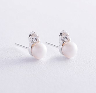Срібні сережки - пусети з перлами і фіанітами 123234