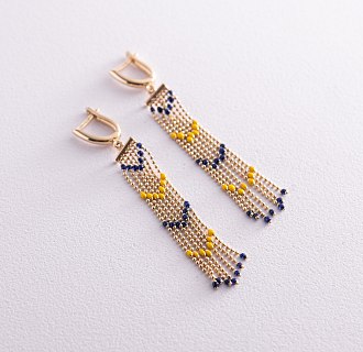 Патріотичні сережки з ланцюжками в жовтому золоті (синя та жовта емаль) с08052