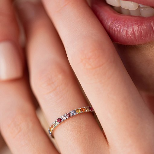 Золотое кольцо с разноцветными сапфирами и бриллиантами кб0504gl 6