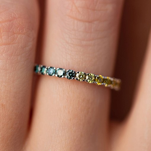 Золотое кольцо с дорожкой камней (синие и желтые бриллианты) кб0507di 6