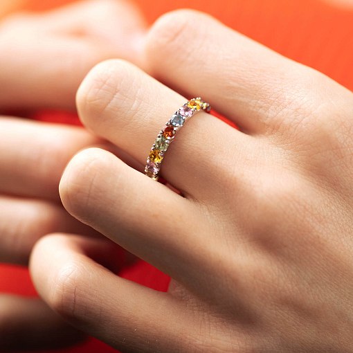 Золотое кольцо с разноцветными сапфирами кб0534m 3
