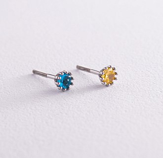 Срібні сережки - пусети (блакитні та жовті камені) 309