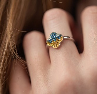 Серебряное кольцо "Клевер" (голубые и желтые камни) 5442 №2