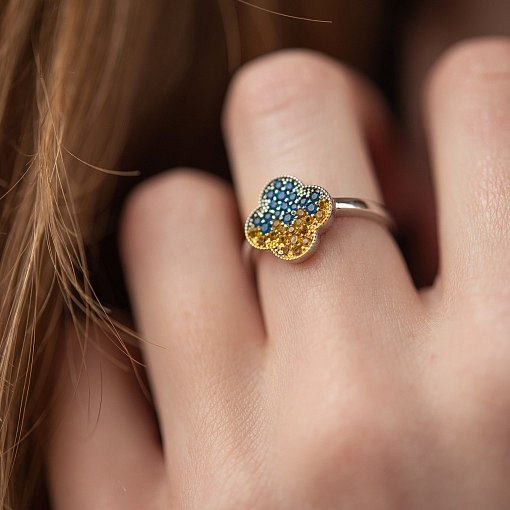 Серебряное кольцо "Клевер" (голубые и желтые камни) 5442 2