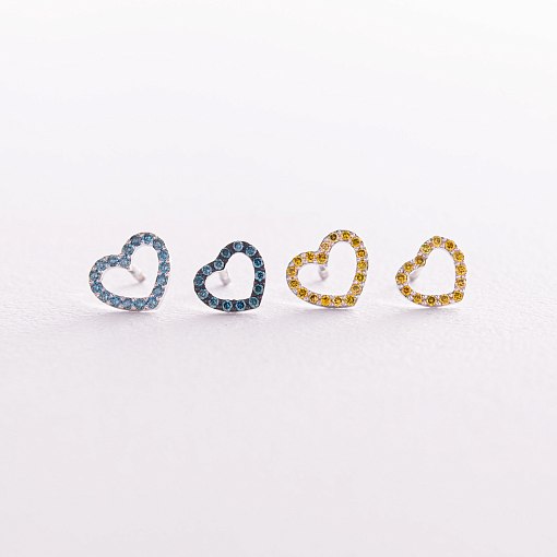 Золотые серьги - пусеты "Сердечки" с голубыми и желтыми бриллиантами 327471121 9