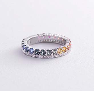 Золотое кольцо с разноцветными сапфирами и бриллиантами кб0479nl №3