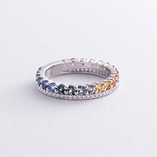 Золотое кольцо с разноцветными сапфирами и бриллиантами кб0479nl 3