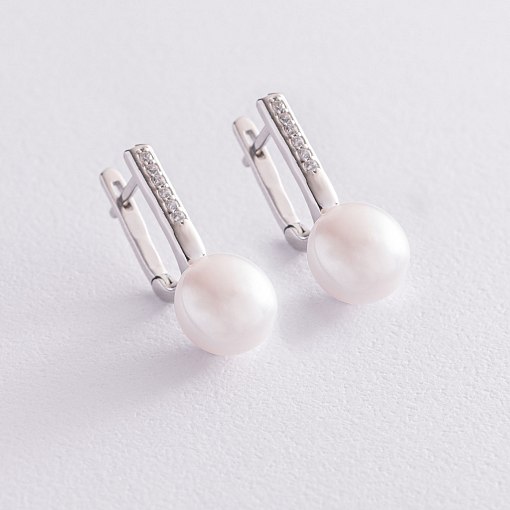 Срібні сережки з перлами і фіанітами 2453/1р-PWT