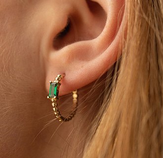 Золотые серьги - кольца "Аннабель" с зелеными фианитами с08500 №6