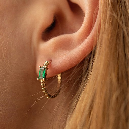 Золотые серьги - кольца "Аннабель" с зелеными фианитами с08500 6