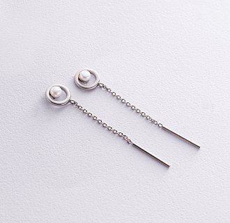 Срібні сережки - пусети з ланцюжками (перли) 40017