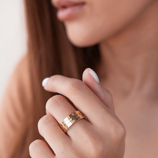 Золотое женское тройное кольцо с фианитами к02620 2