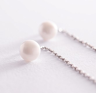 Срібні сережки - протяжки з перлами 050230 №6