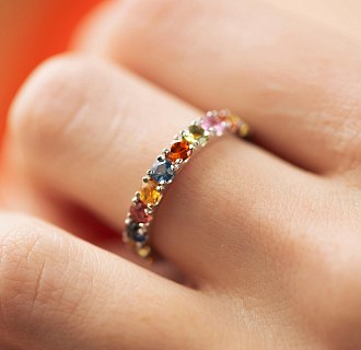 Золотое кольцо с разноцветными сапфирами кб0534m №5