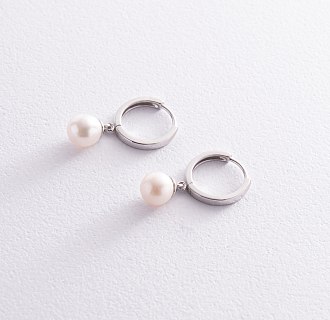 Сережки - кільця з перлами (біле золото) с08358
