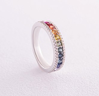 Золотое кольцо с разноцветными сапфирами и бриллиантами кб0435nl