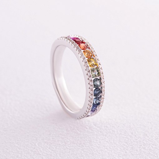 Золотое кольцо с разноцветными сапфирами и бриллиантами кб0435nl