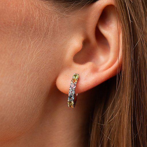 Золотые серьги с дорожкой разноцветных натуральных камней с09570 2
