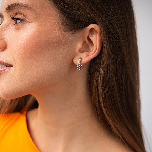 Золотые серьги с дорожкой разноцветных натуральных камней с09570 6