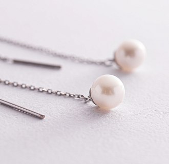Сережки - протяжки з перлами (біле золото) с08267 №4