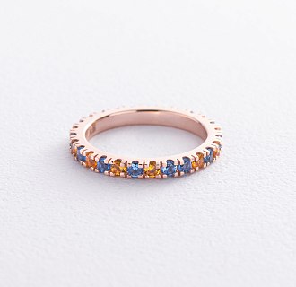 Кольцо с дорожкой голубых и желтых камней (красное золото) 815к №3