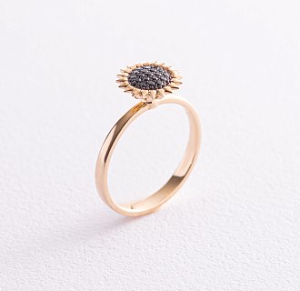 Золотое кольцо "Подсолнух" с черными бриллиантами 226153122 №2