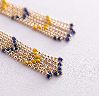 Патріотичні сережки з ланцюжками в жовтому золоті (синя та жовта емаль) с08052 №3