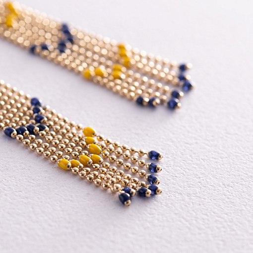 Патриотические серьги с цепочками в желтом золоте (синяя и желтая эмаль) с08052 3