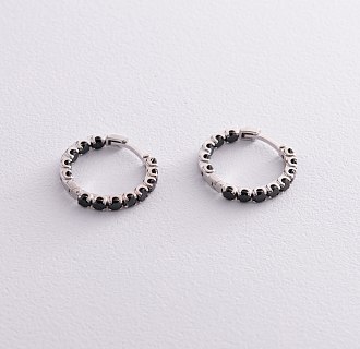Серебряные серьги - кольца с черными фианитами 087610 №7
