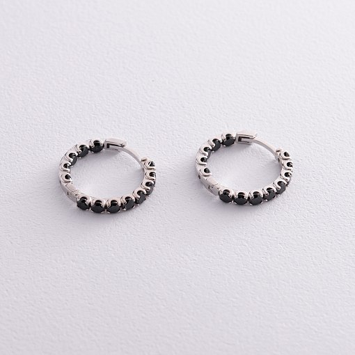 Серебряные серьги - кольца с черными фианитами 087610 7