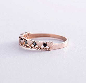 Золотое кольцо "Сердечки" с черными фианитами к07046 №3
