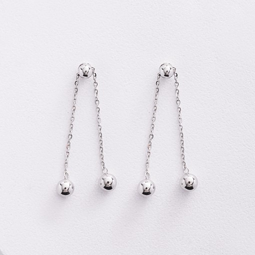 Серьги - пусеты с шариками на цепочке (белое золото) 580142в 3