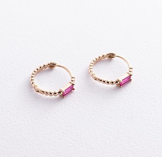Золотые серьги - кольца "Аннабель" с розовыми фианитами с08499 №5