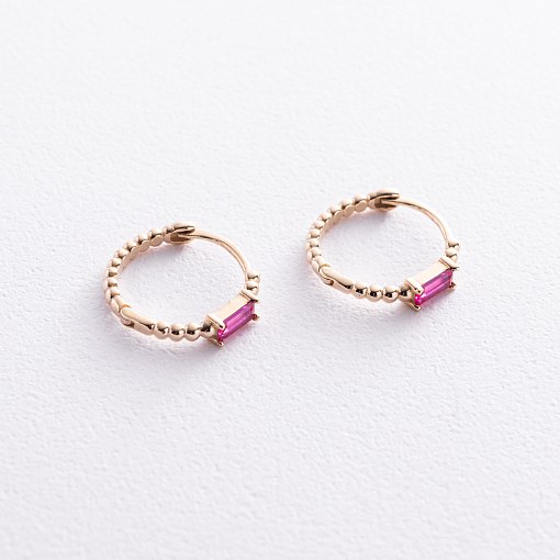 Золотые серьги - кольца "Аннабель" с розовыми фианитами с08499 5