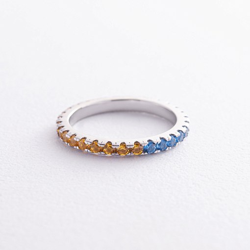 Серебряное кольцо с дорожкой голубых и желтых камней 8152 3