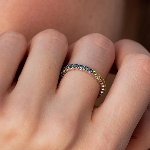 Золотое кольцо с дорожкой камней (синие и желтые бриллианты) кб0507di 4